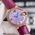 Ladies Cartier Ballon Bleu 33mm Rose Gold diamond Purple Dial Purple Leather Strap Replica Watches